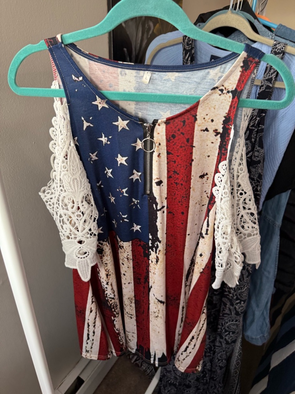 Cold Shoulder American Flag Print Lace-Trim Tank Top - Red, White & Blue